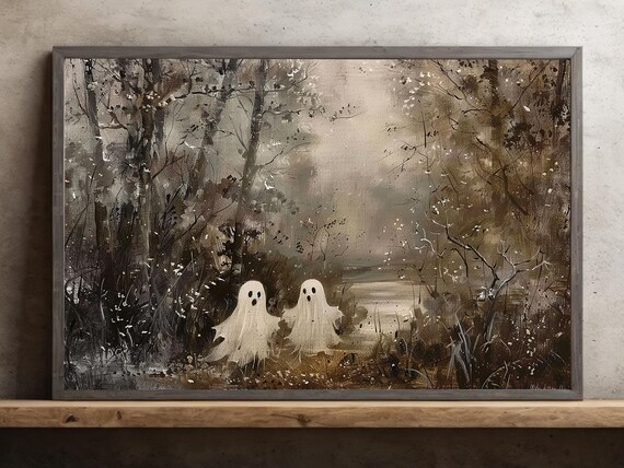 Two Cute Ghosts in Foggy Autumn Woods Painterly Halloween Art Poster
