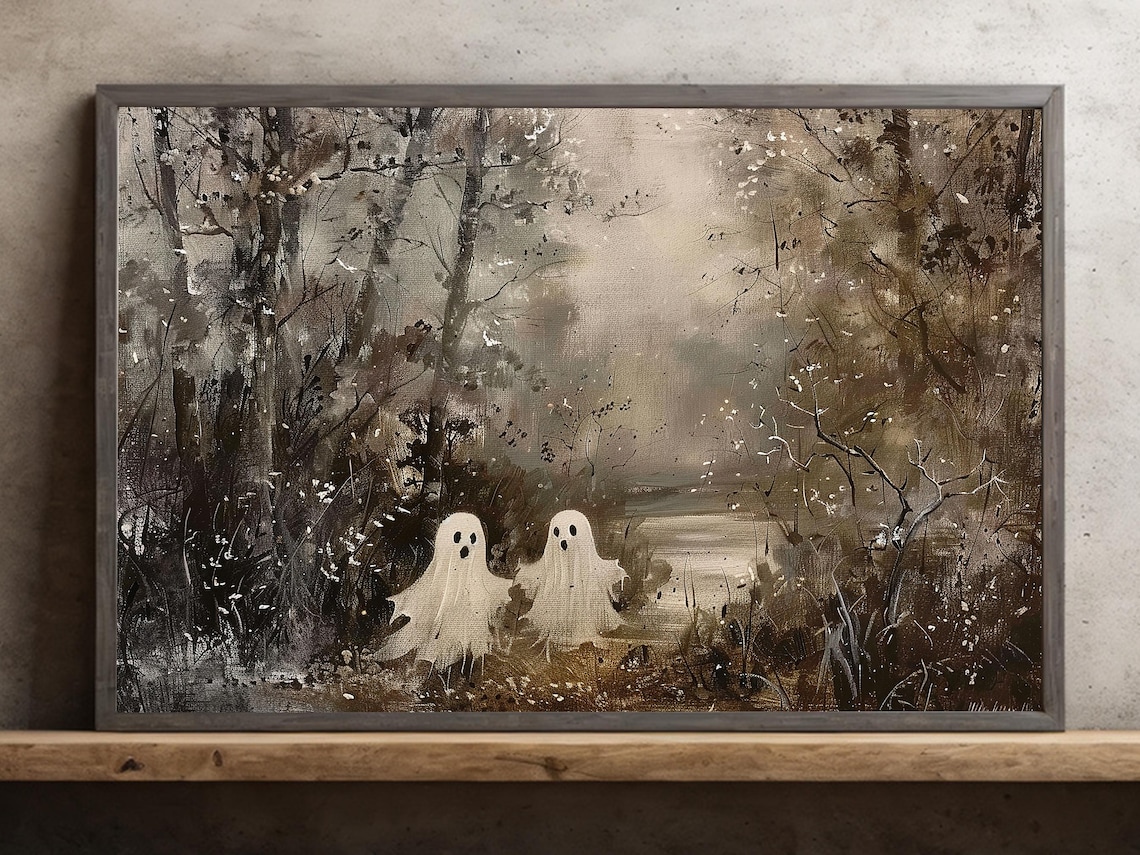 Two Cute Ghosts in Foggy Autumn Woods Painterly Halloween Art Poster
