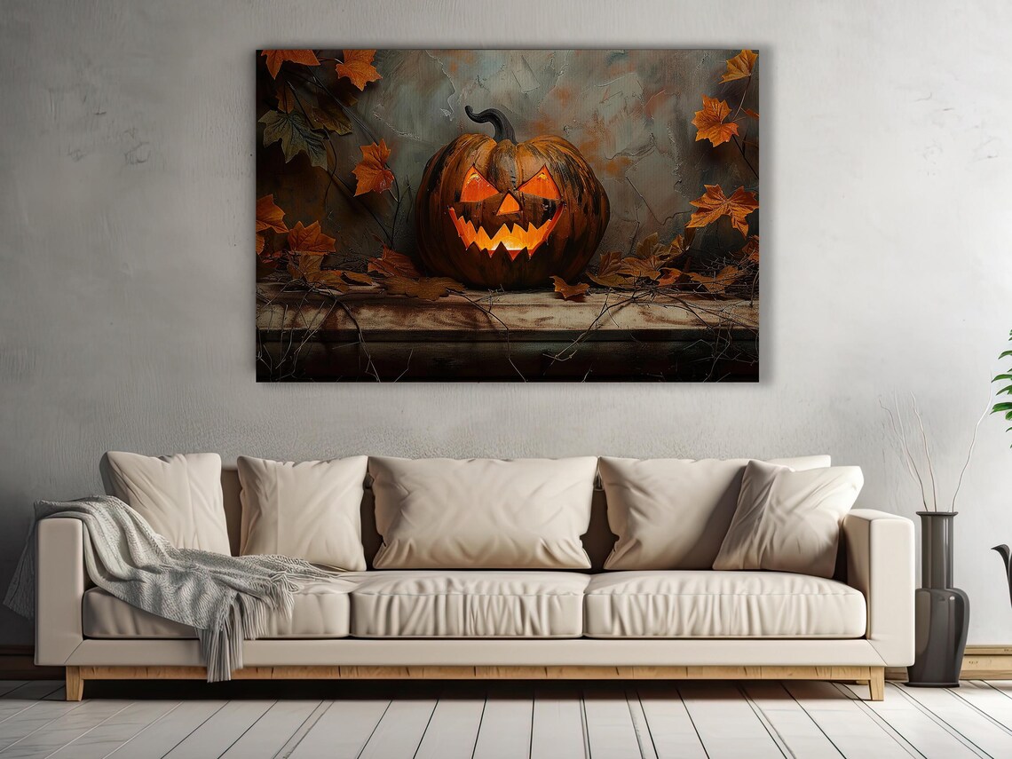 Carved Jack O Lantern with Twisted Grin Autumn Leaves Rustic Wood Poster - Image 3