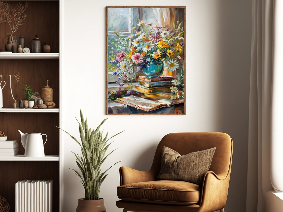 Wildflower Bouquet In Blue Vase On Books By Window Floral Poster - Image 3