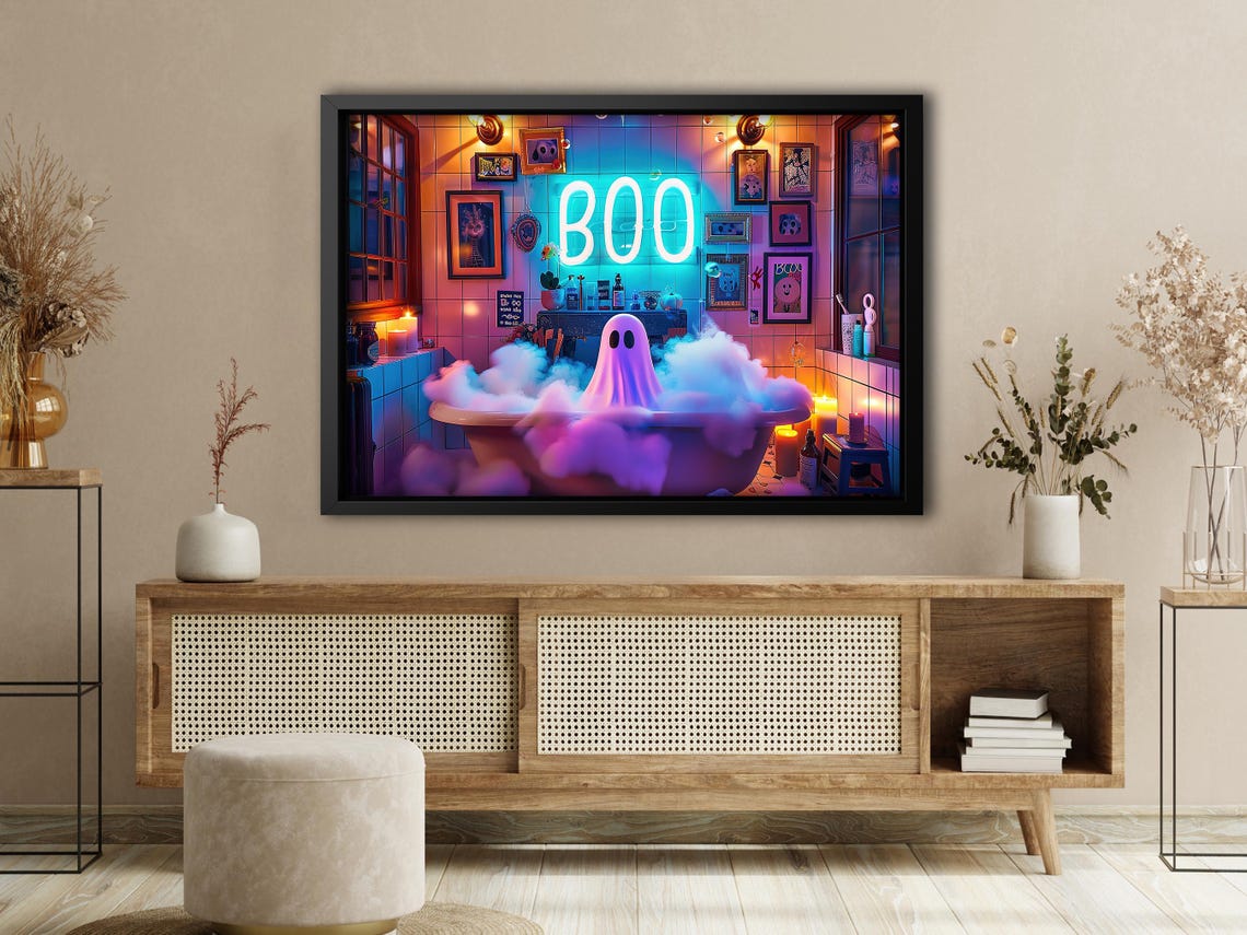 Cute Ghost In Neon Lit Bubble Bath BOO Sign Spooky Halloween Wall Art - Image 4