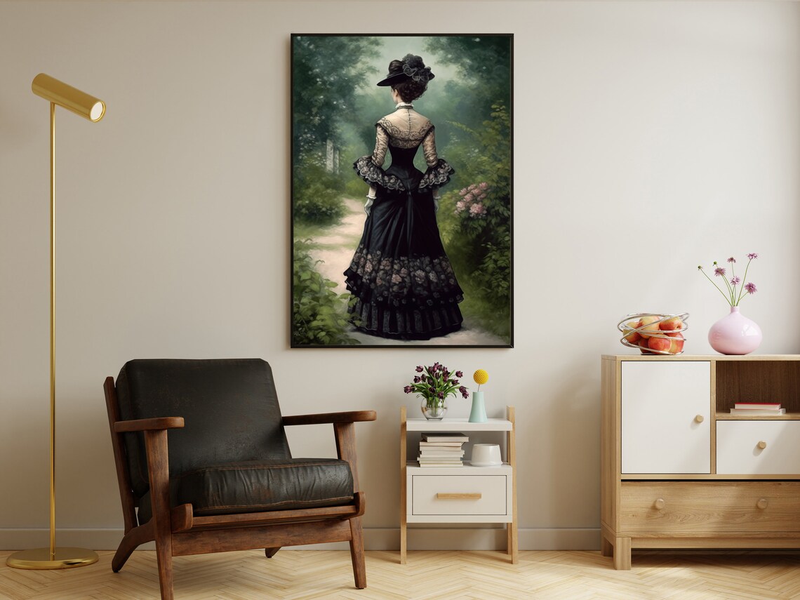 Victorian Woman Black Mourning Gown Garden Path Back View Painting Poster - Image 3