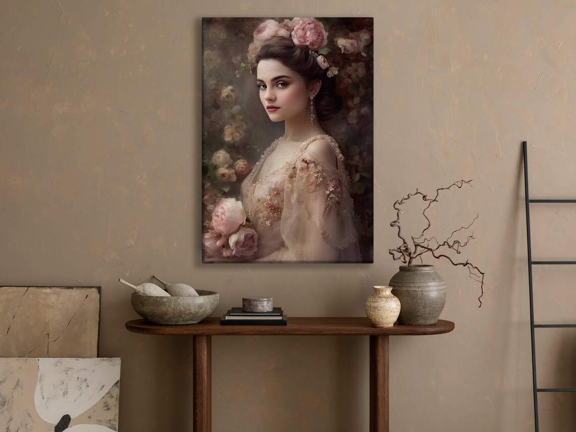 Romantic Victorian Woman Blush Roses Floral Oil Painting Beauty Wall Art - Image 4