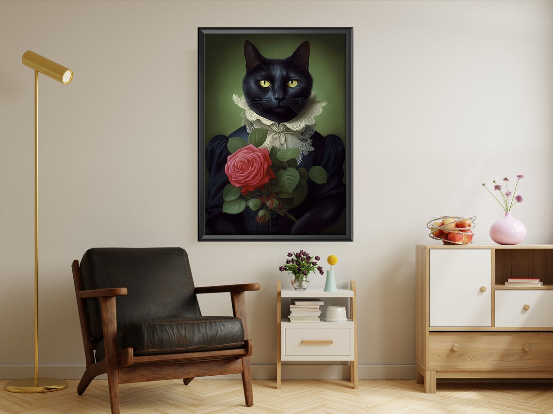 Elegant Black Cat Lady In Victorian Gown Holding A Pink Rose Poster - Image 2
