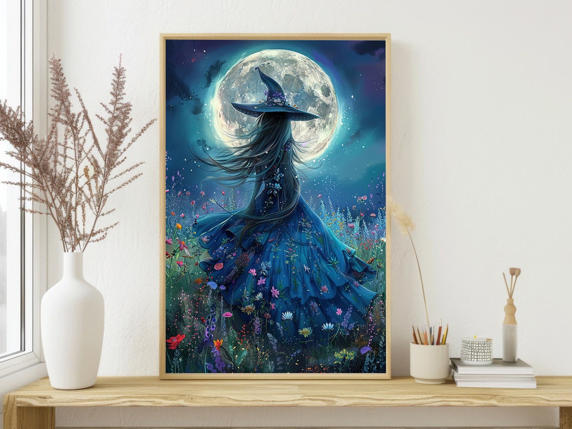 Young Witch Under Full Moon In Flower Meadow Blue Magic Art Poster - Image 4
