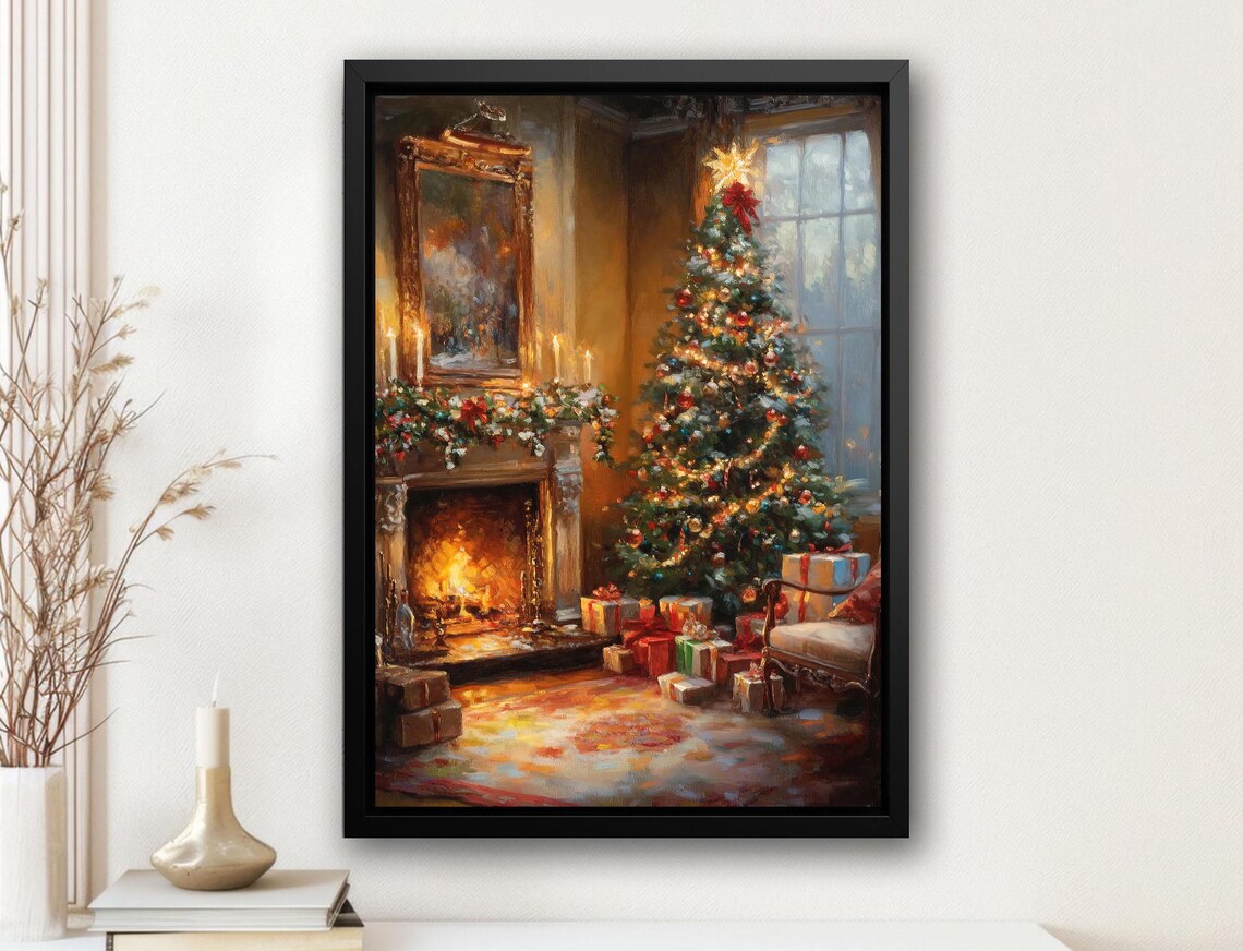 Vintage Cozy Holiday Cottage Christmas Tree Art Print