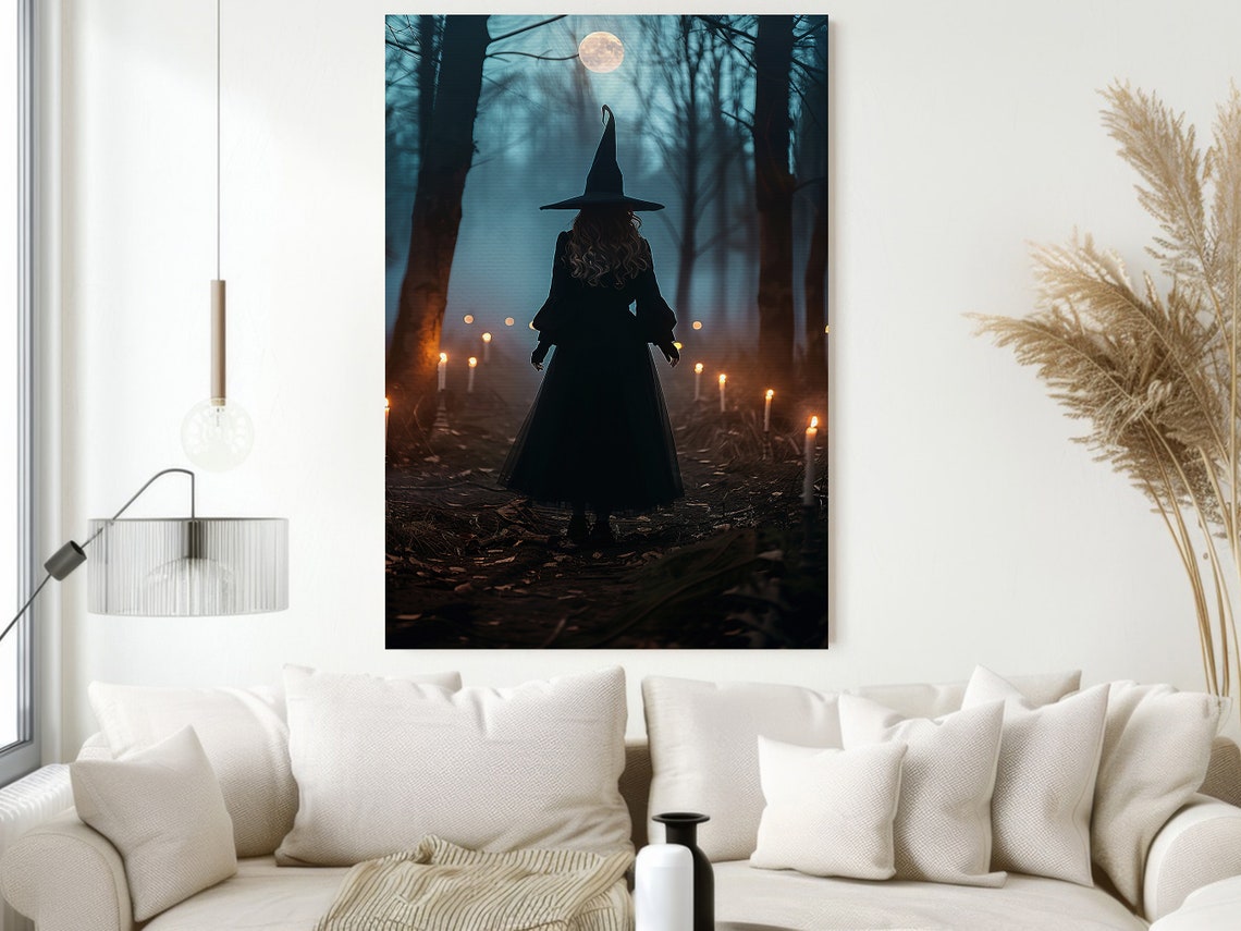 Witch Walking Candlelit Forest Path Under Moon Dark Magic Poster - Image 2