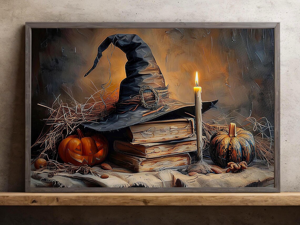 Vintage Witch Hat Spell Books Pumpkins Candlelit Halloween Still Life Poster