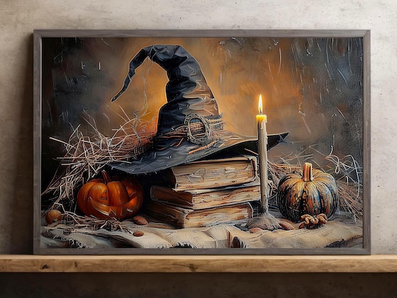 Vintage Witch Hat Spell Books Pumpkins Candlelit Halloween Still Life Poster