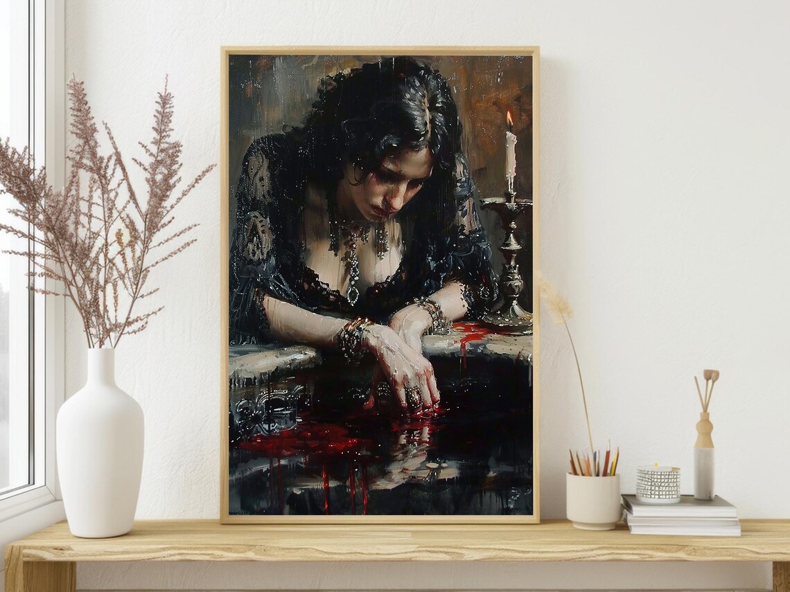 Dark Gothic Woman with Candles Blood Red Oil Painting Halloween Poster - Image 4