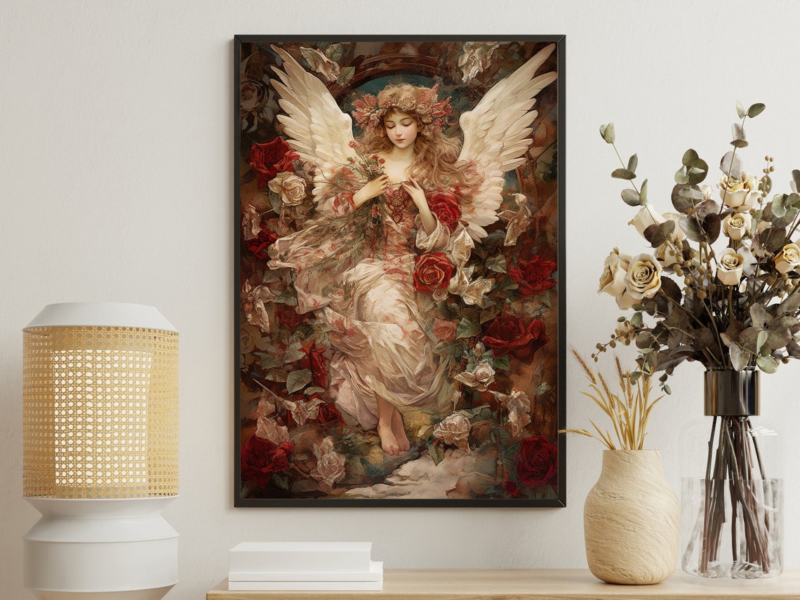 Baroque Angel with Roses Flower Crown Romantic Floral Art Poster