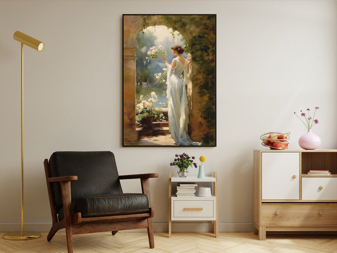 Victorian Woman in White Gown in Stone Garden Archway Art Print - Image 2