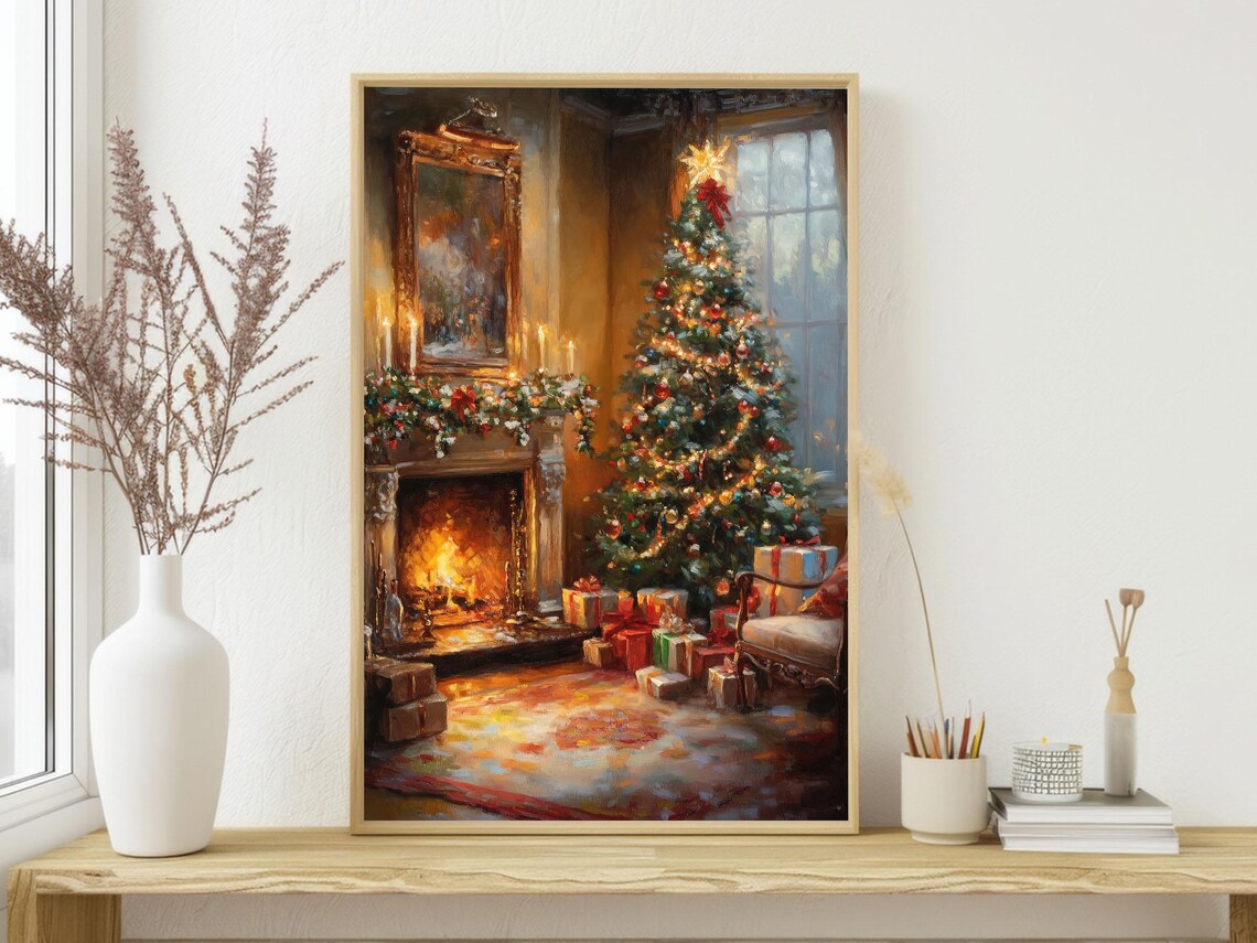 Vintage Cozy Holiday Cottage Christmas Tree Art Print - Image 3