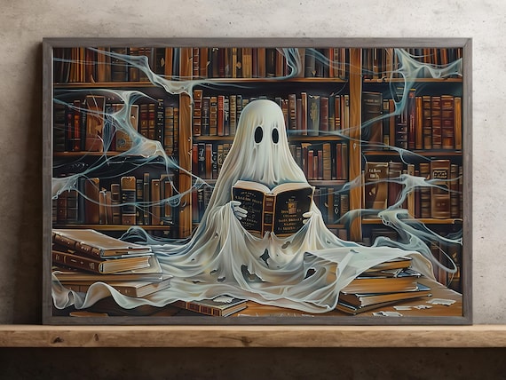 Ghost Reading Books in Haunted Library Oil Painting Halloween Poster