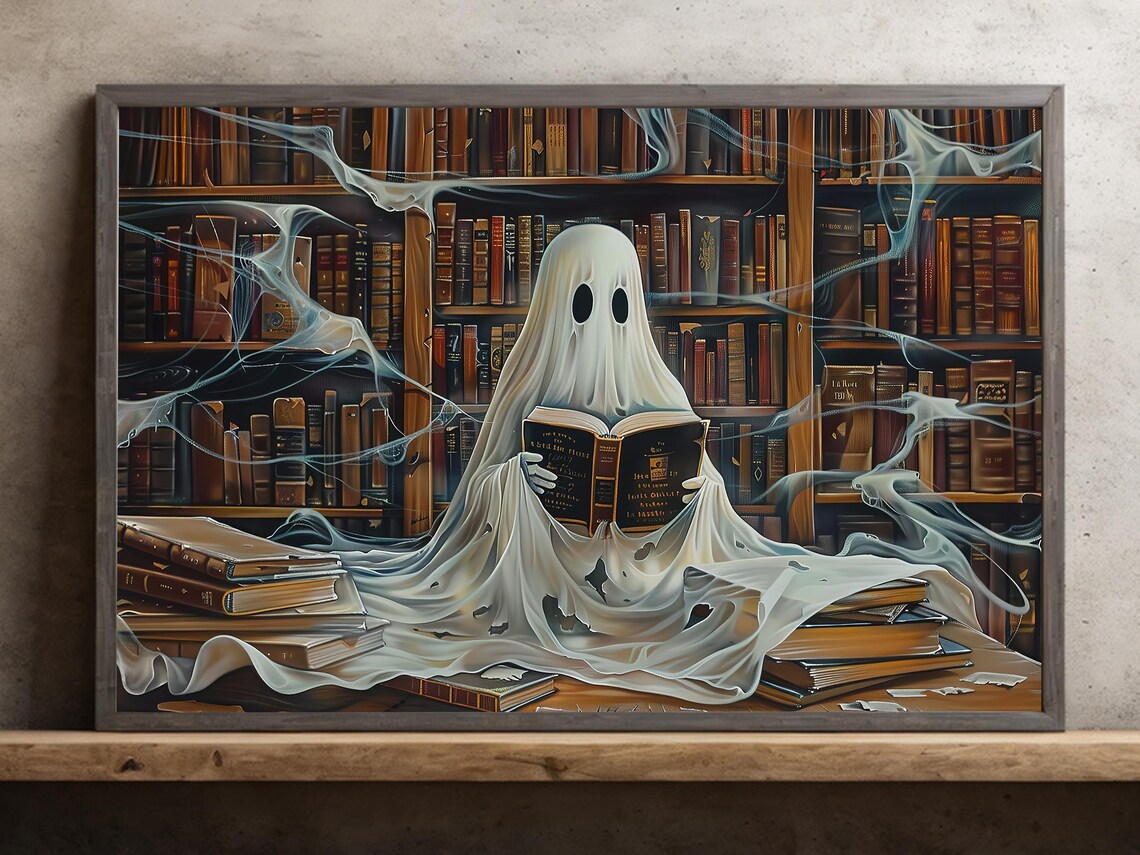 Ghost Reading Books in Haunted Library Oil Painting Halloween Poster