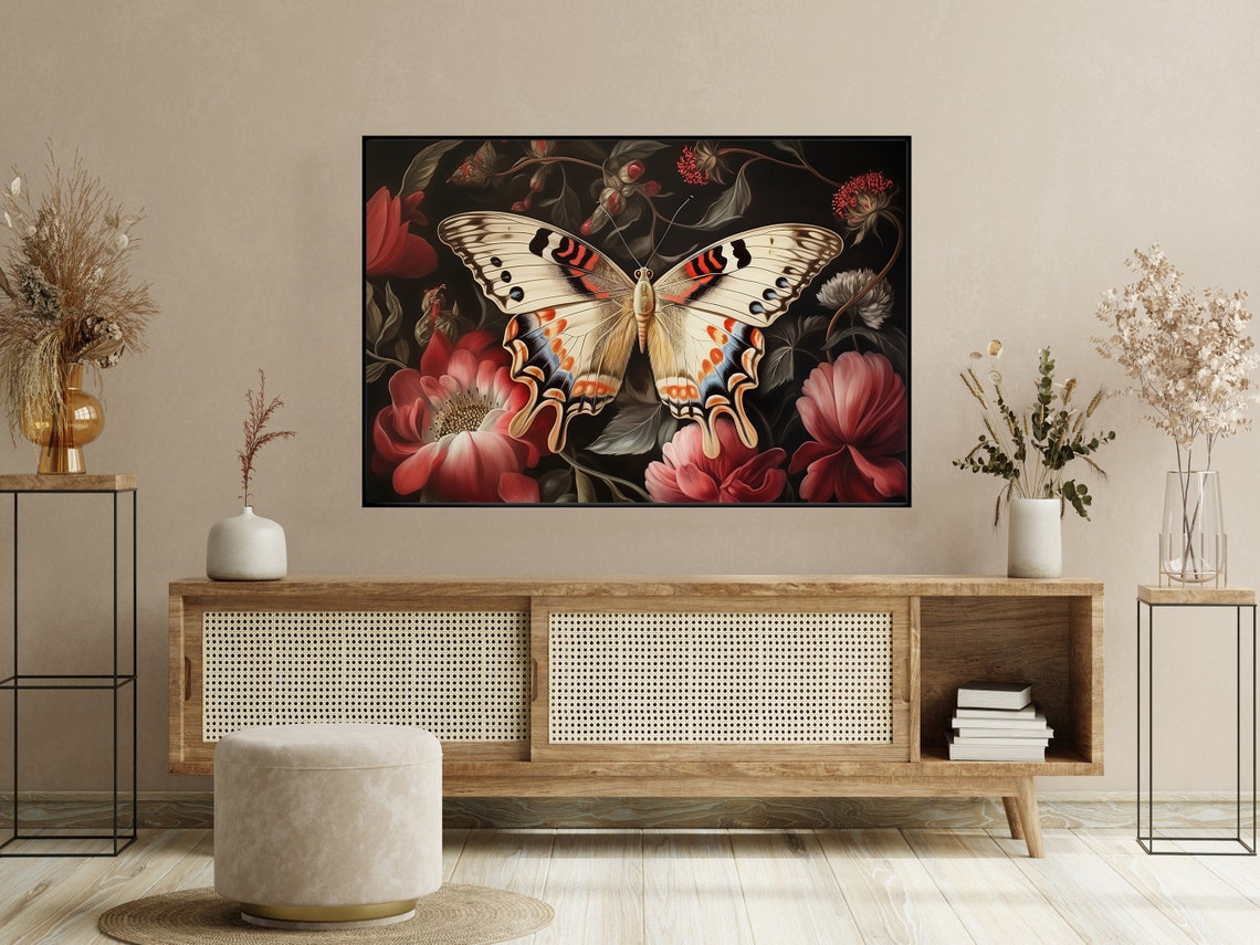 Cottage Butterfly Painting Vintage Flowers Art Print Butterfly Print Flowers Wall Art Botanical Art Print Flowers Poster Print - Image 2