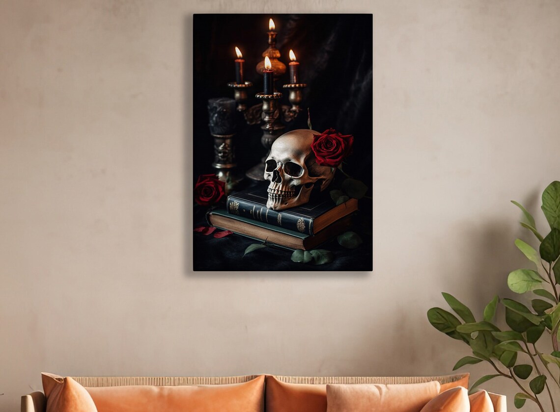 Skull With Red Rose On Antique Books By Candelabra Dark Academia Poster - Image 2