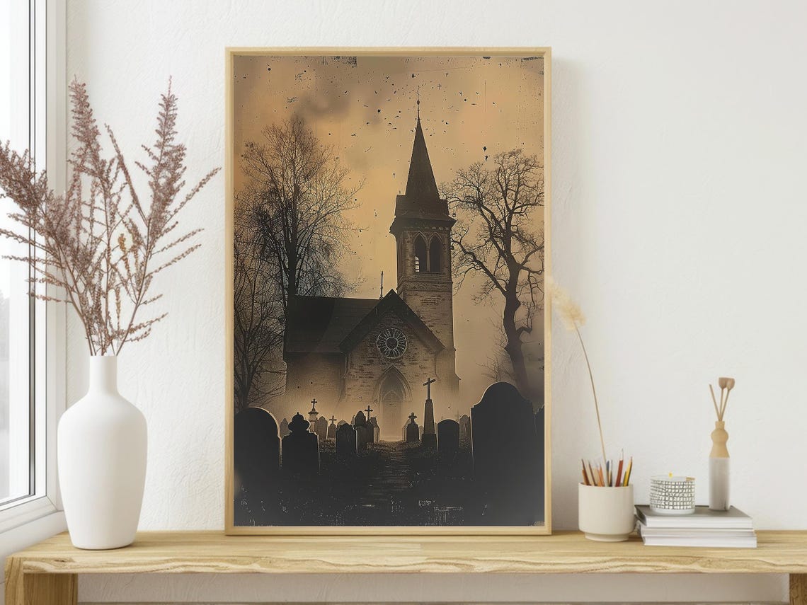 Vintage Sepia Church Behind Misty Graveyard Spooky Photo Style Poster - Image 3