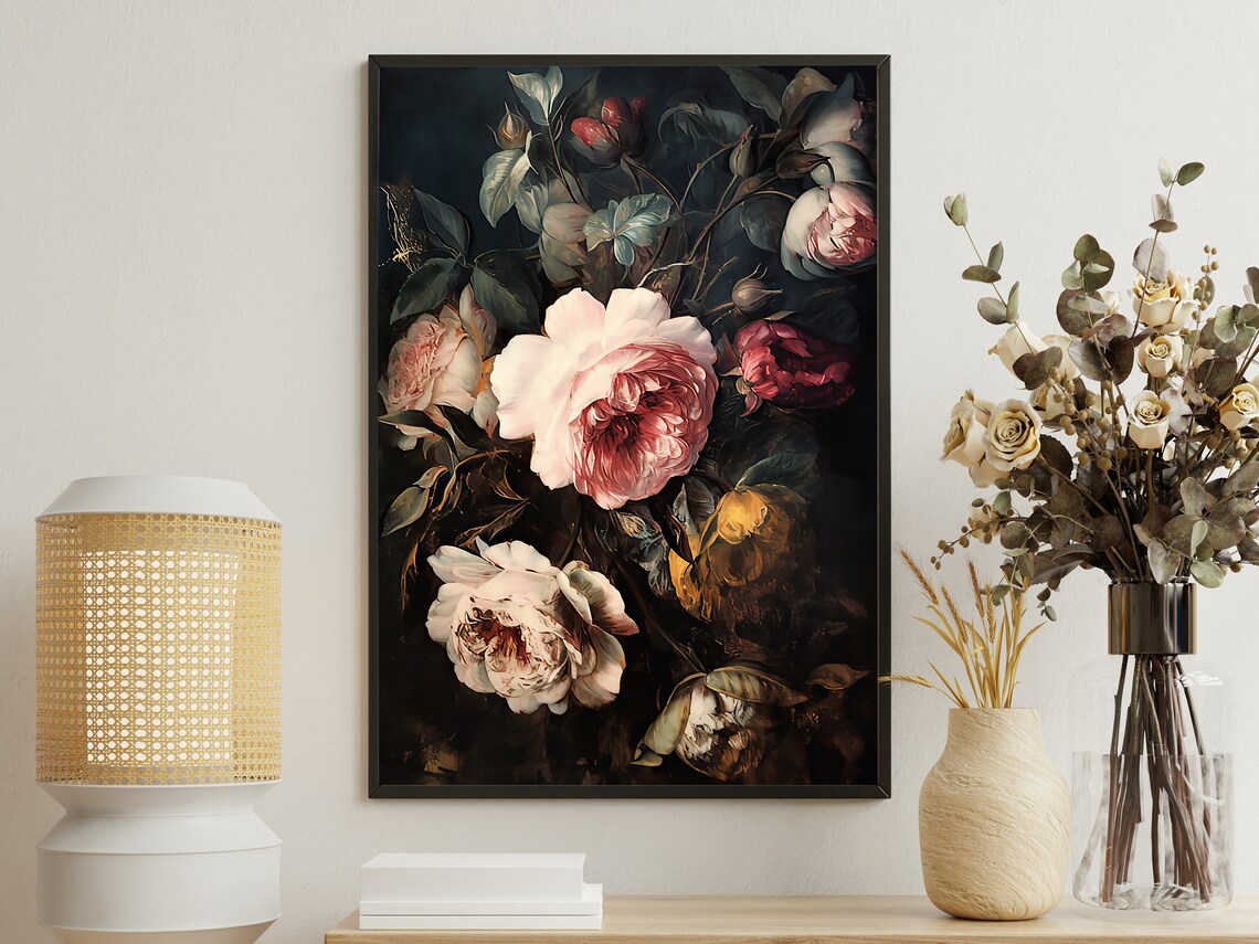 Dark Moody Roses Dutch Master Style Vintage Floral Still Life Gothic Wall Art