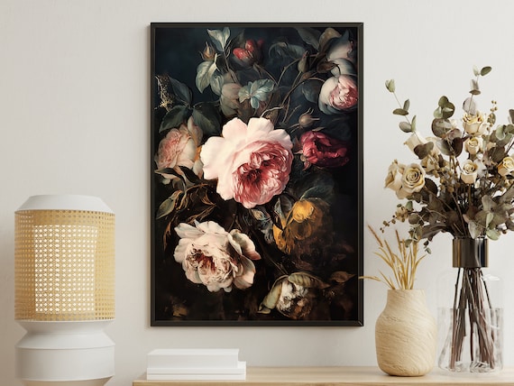 Dark Moody Roses Dutch Master Style Vintage Floral Still Life Gothic Wall Art