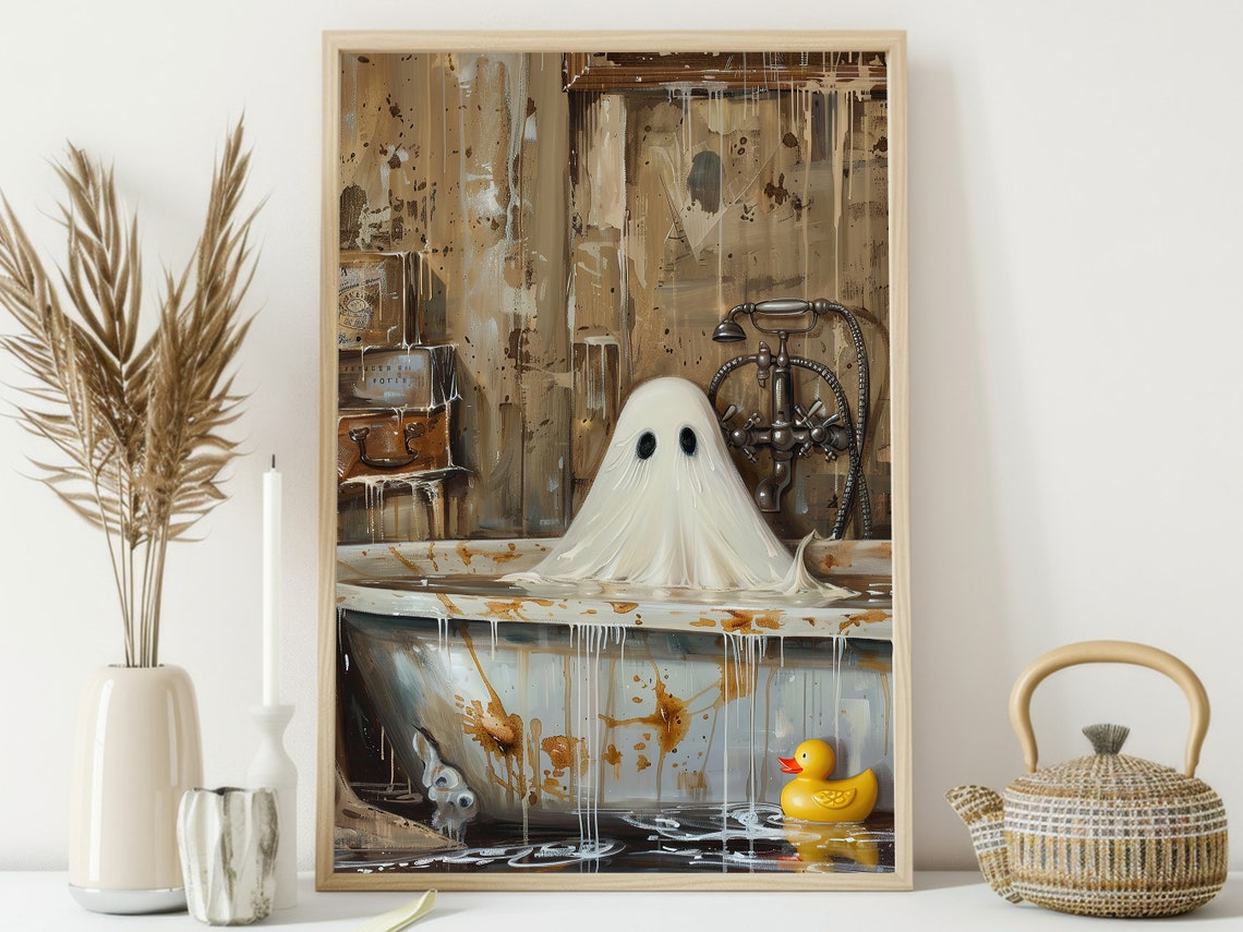 Cute Ghost in Vintage Bathtub Rubber Duck Bathroom Halloween Poster - Image 4