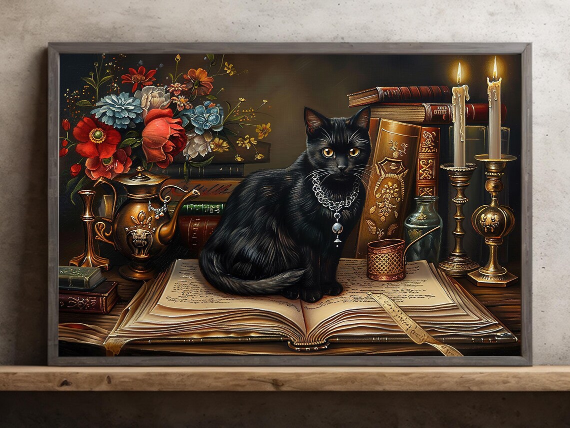 Cottage Black Cat Witch and Magic Book Poster Print