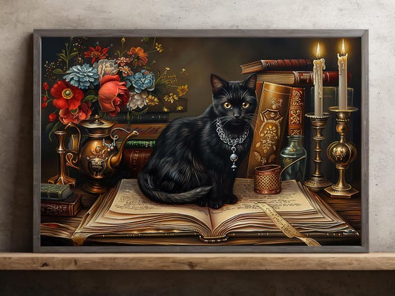 Cottage Black Cat Witch and Magic Book Poster Print