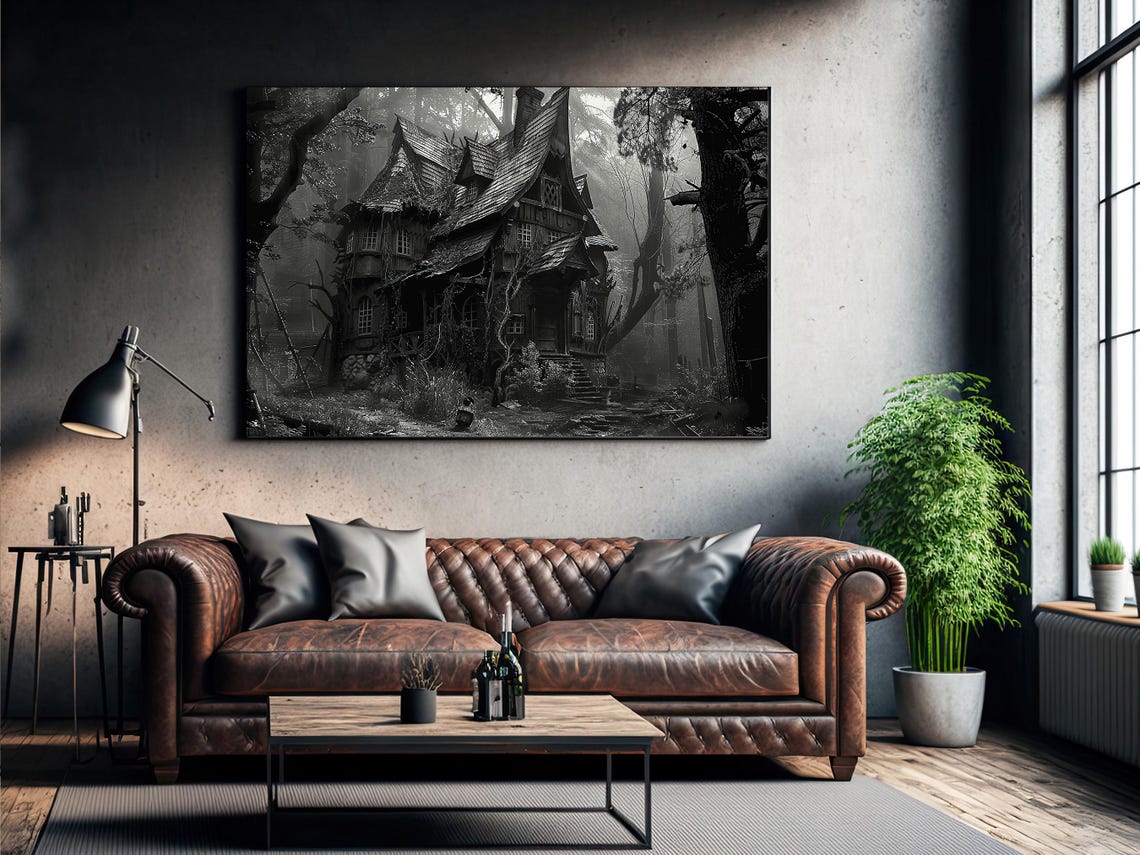 Haunted House In Misty Forest Black And White Spooky Art Print - Image 4