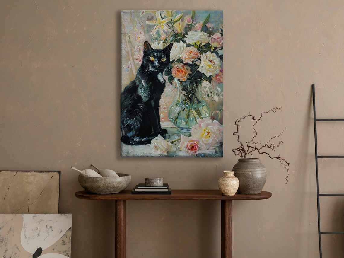 Vintage Cat and Flowers Vase Painting Art Print - Image 3