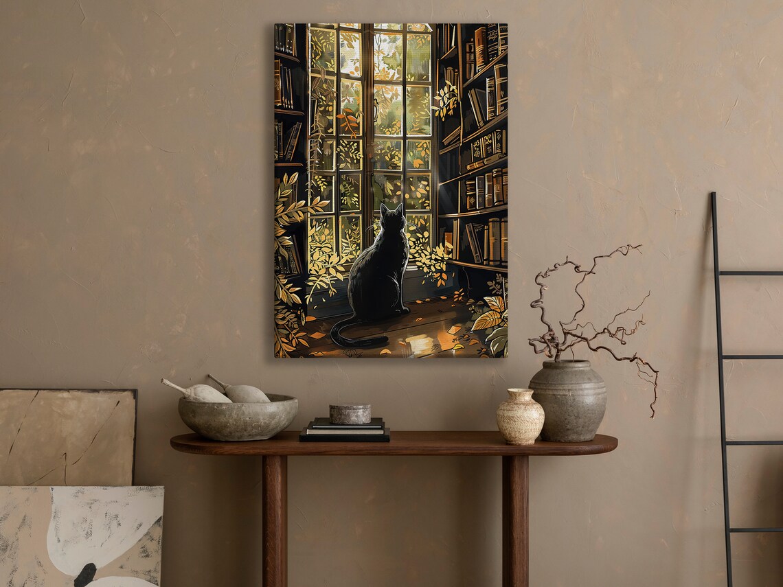 Black Cat In Library Window Autumn Golden Light Cozy Bookshelf Art Poster - Image 4