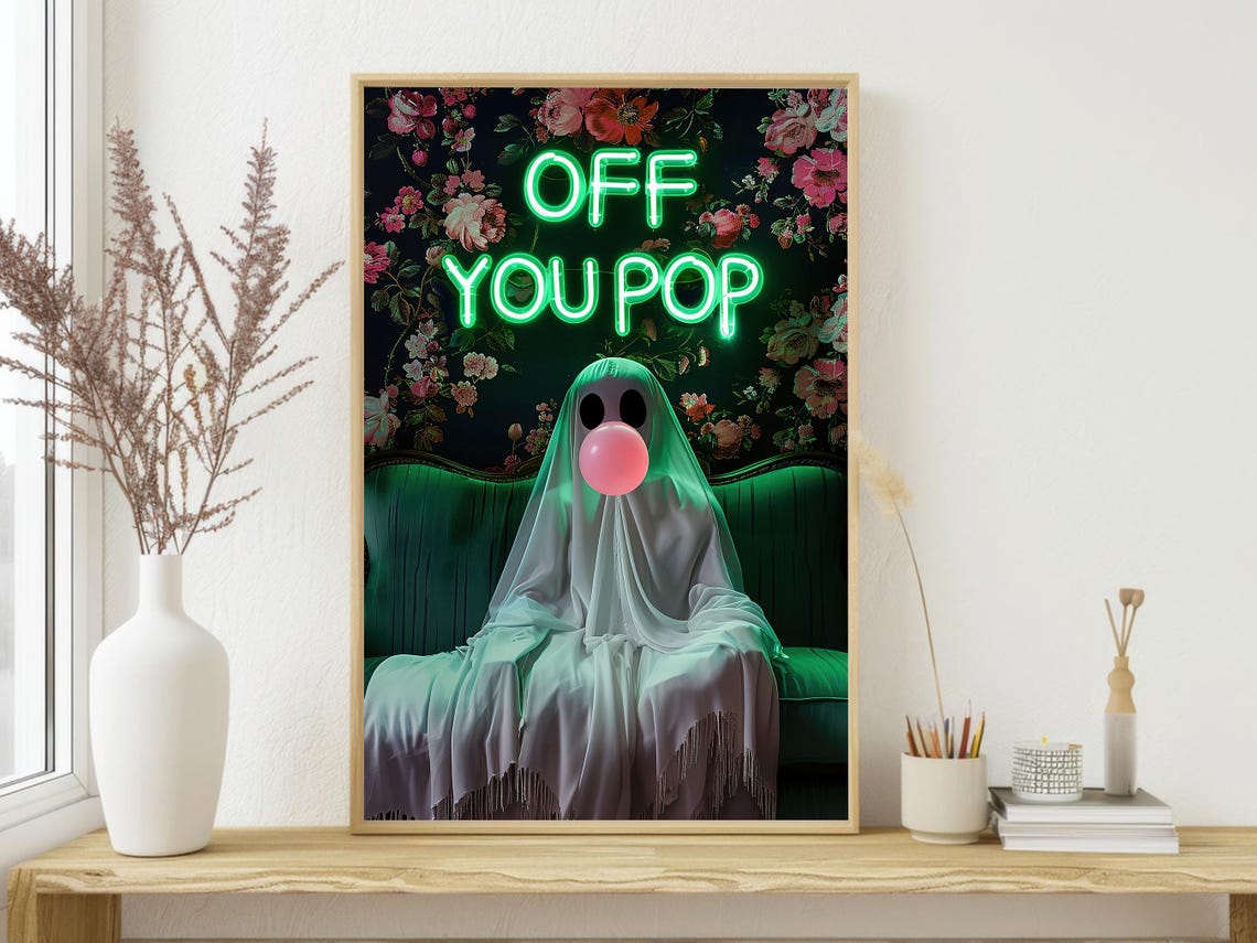 Funny Ghost Blowing Pink Bubble Gum Off You Pop Neon Sign Art Poster - Image 3