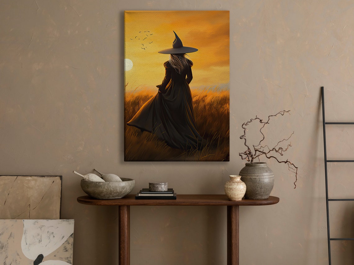 Witch In Golden Wheat Field At Sunset With Birds Flying Art Print - Image 4