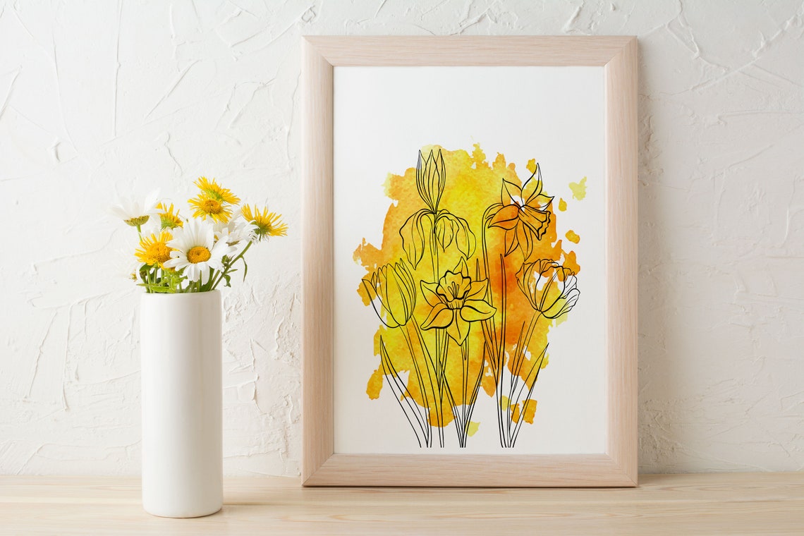 Yellow Daffodil Watercolor Botanical Floral Line Drawing Poster