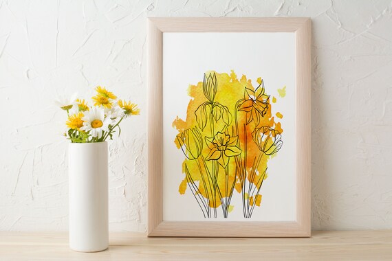 Yellow Daffodil Watercolor Botanical Floral Line Drawing Poster
