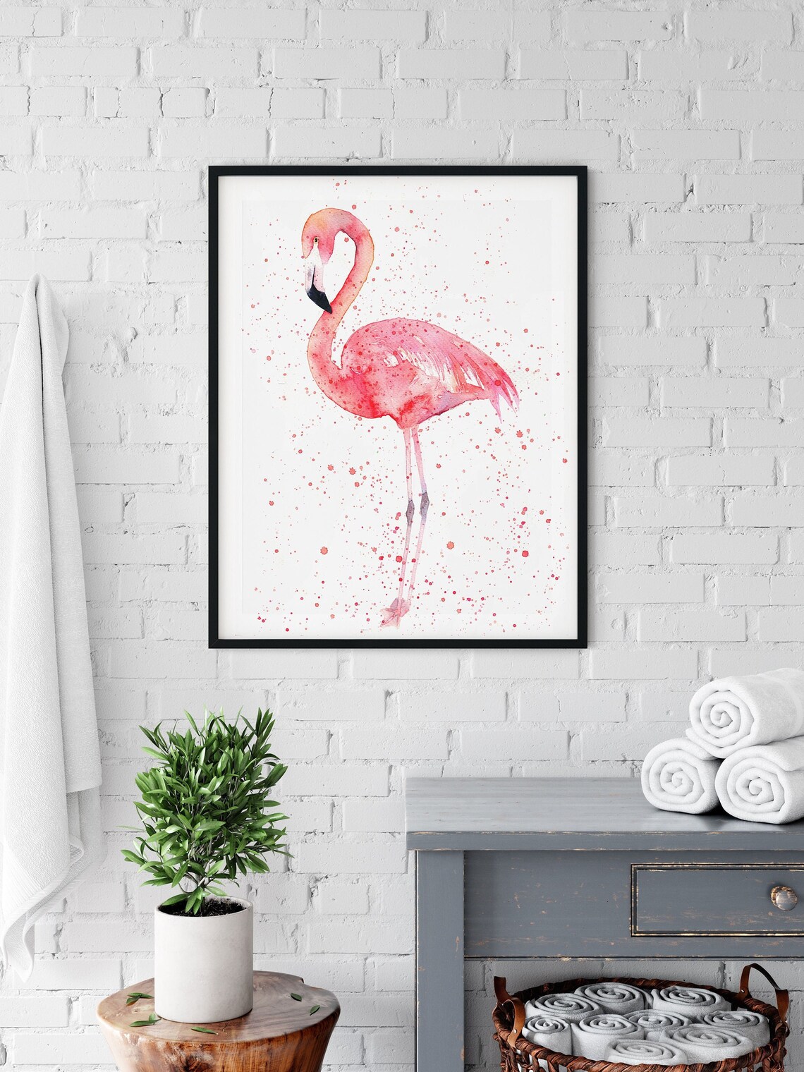 Watercolour Flamingo Splatter Art Print, Bathroom Decor