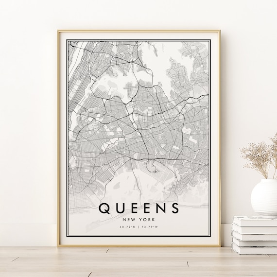 Queens New York Minimalist Black White Borough Street Map Poster