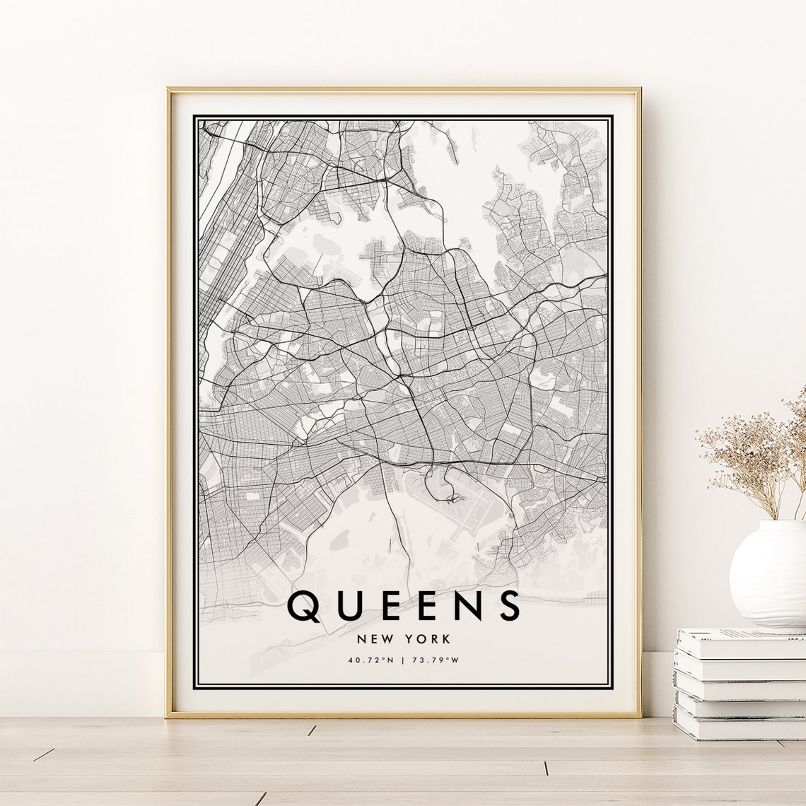 Queens New York Minimalist Black White Borough Street Map Poster