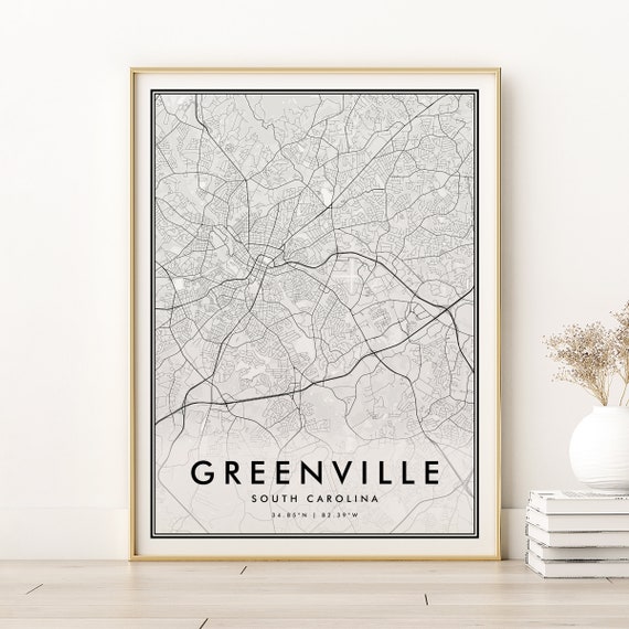 Greenville Map Print, South Carolina Retro Road Poster