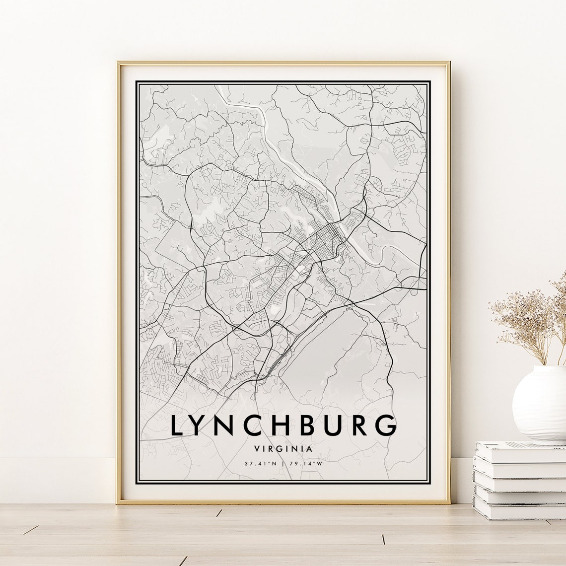 Lynchburg Virginia Minimalist Black White City Street Map Poster