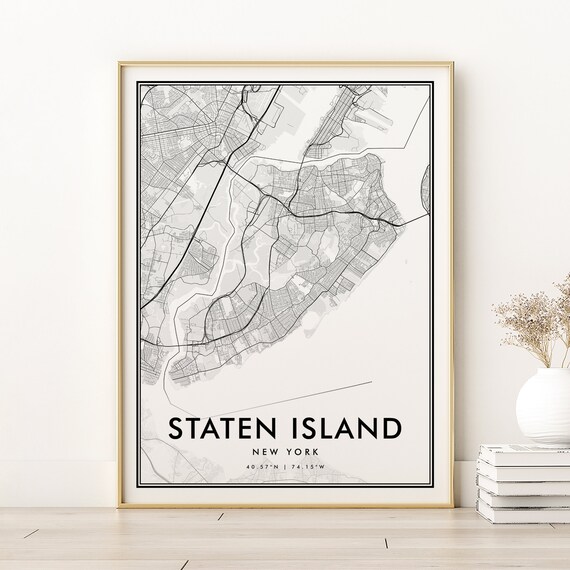 Staten Island New York Minimalist City Map Black White Street Line Poster