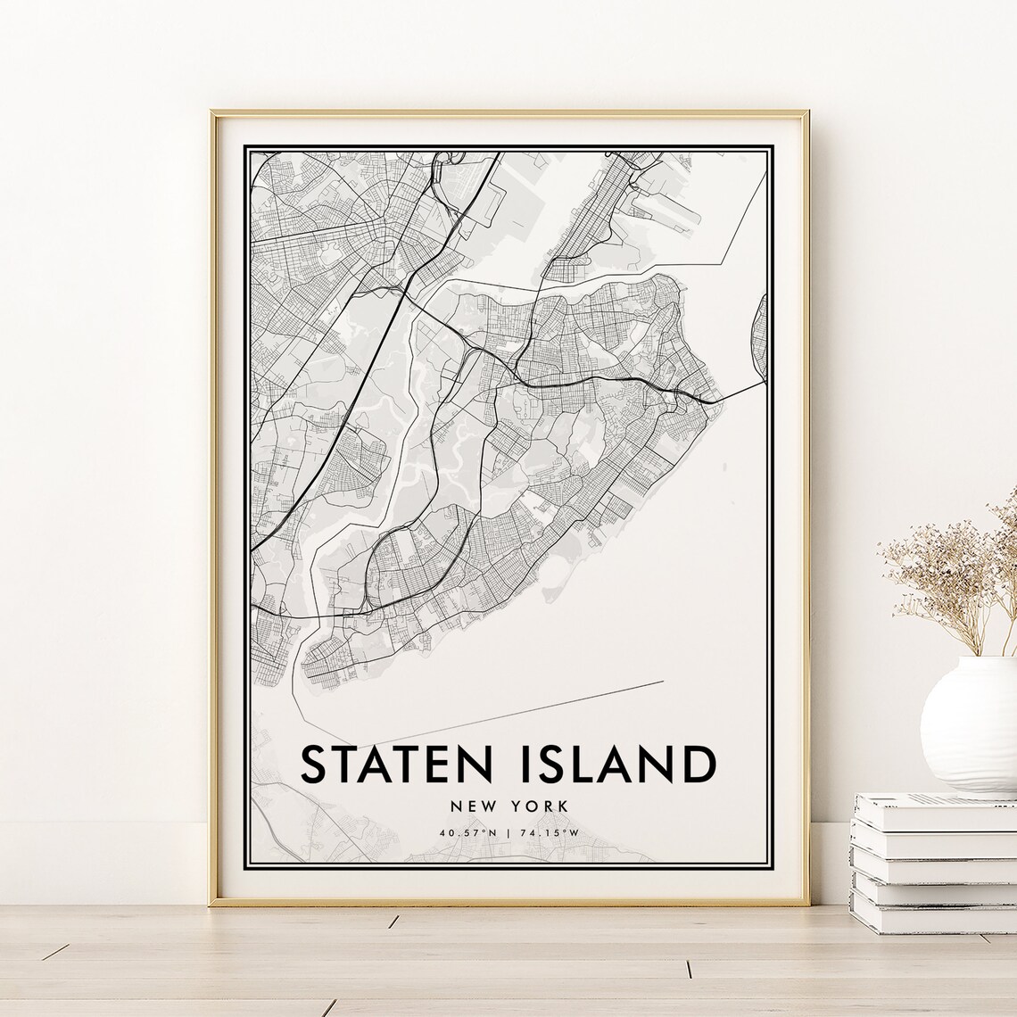 Staten Island New York Minimalist City Map Black White Street Line Poster