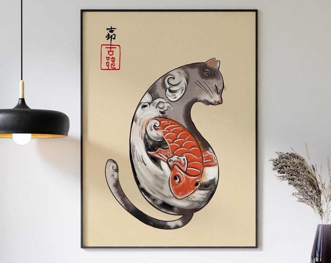 Japanese Ink Wash Cat With Red Koi Fish Traditional Art Poster