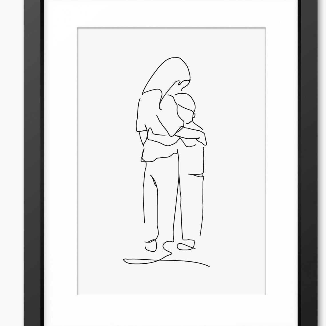 Mother Hugging Child Tender Embrace Line Art Poster for Family Rooms