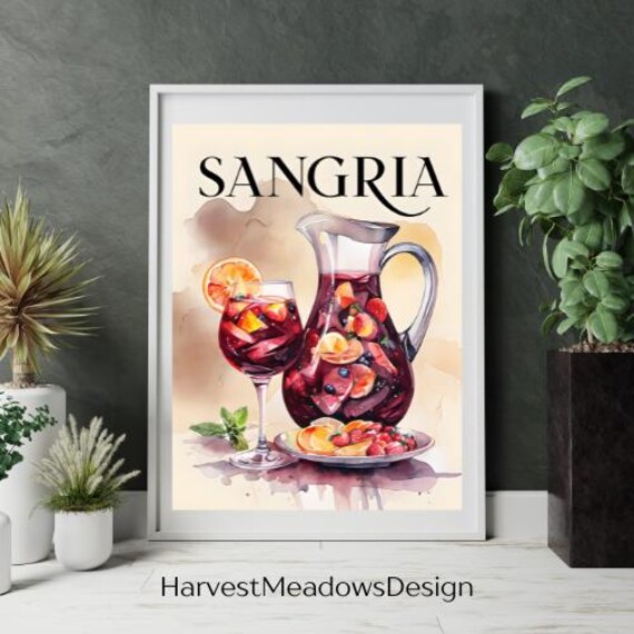 Vibrant Sangria Pitcher Watercolor Cocktail Kitchen Wall Art