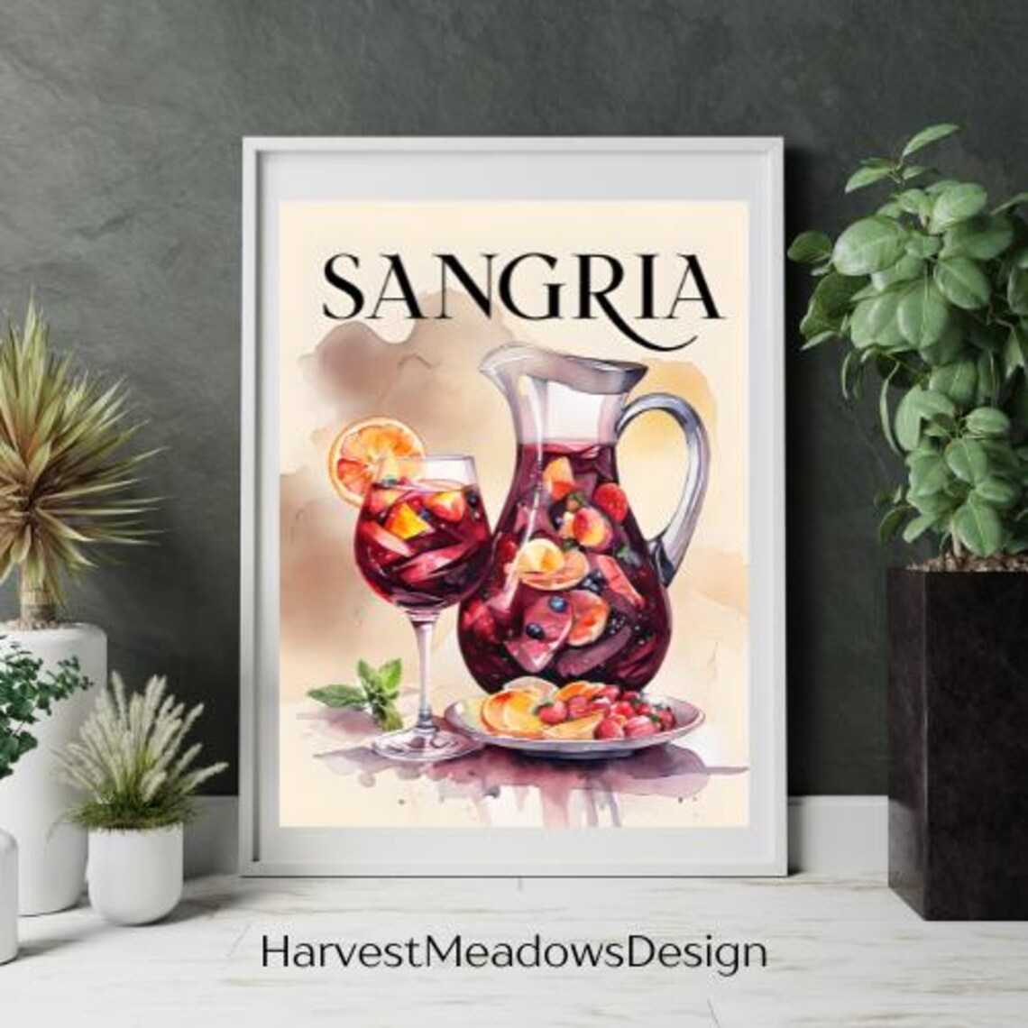 Vibrant Sangria Pitcher Watercolor Cocktail Kitchen Wall Art