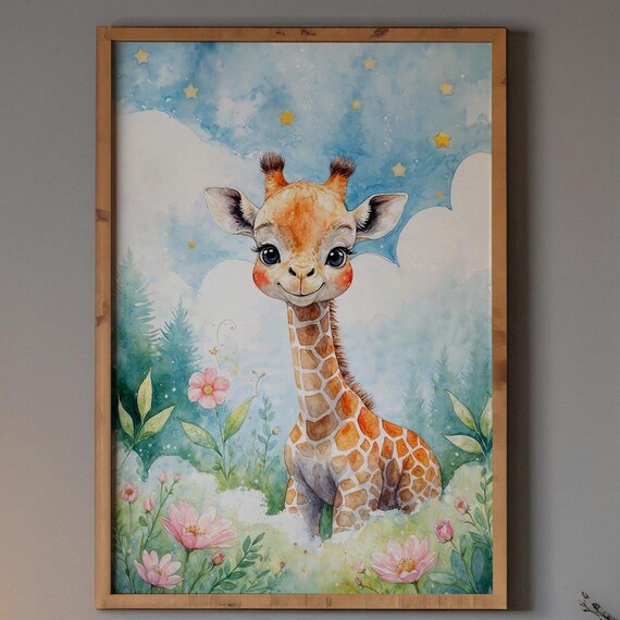 Baby Giraffe Watercolor Floral Meadow Nursery Safari Art Poster