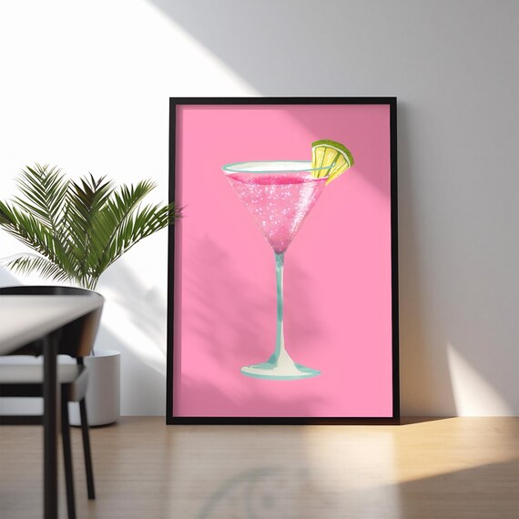 Pink Cocktail Martini Watercolor Trendy Bar Cart Kitchen Wall Art