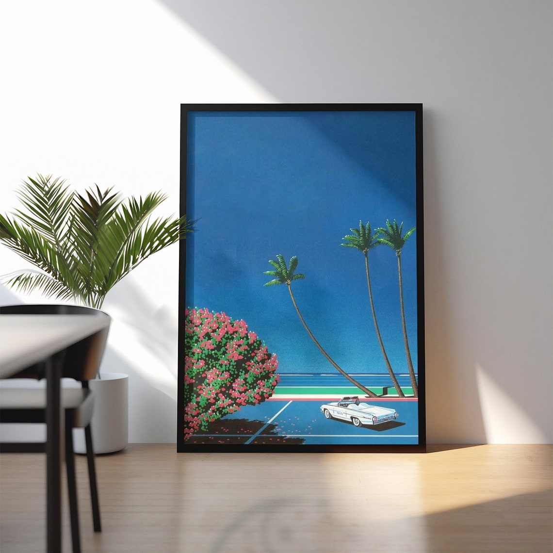 Retro Palm Beach Vintage White Convertible Beachfront Poster