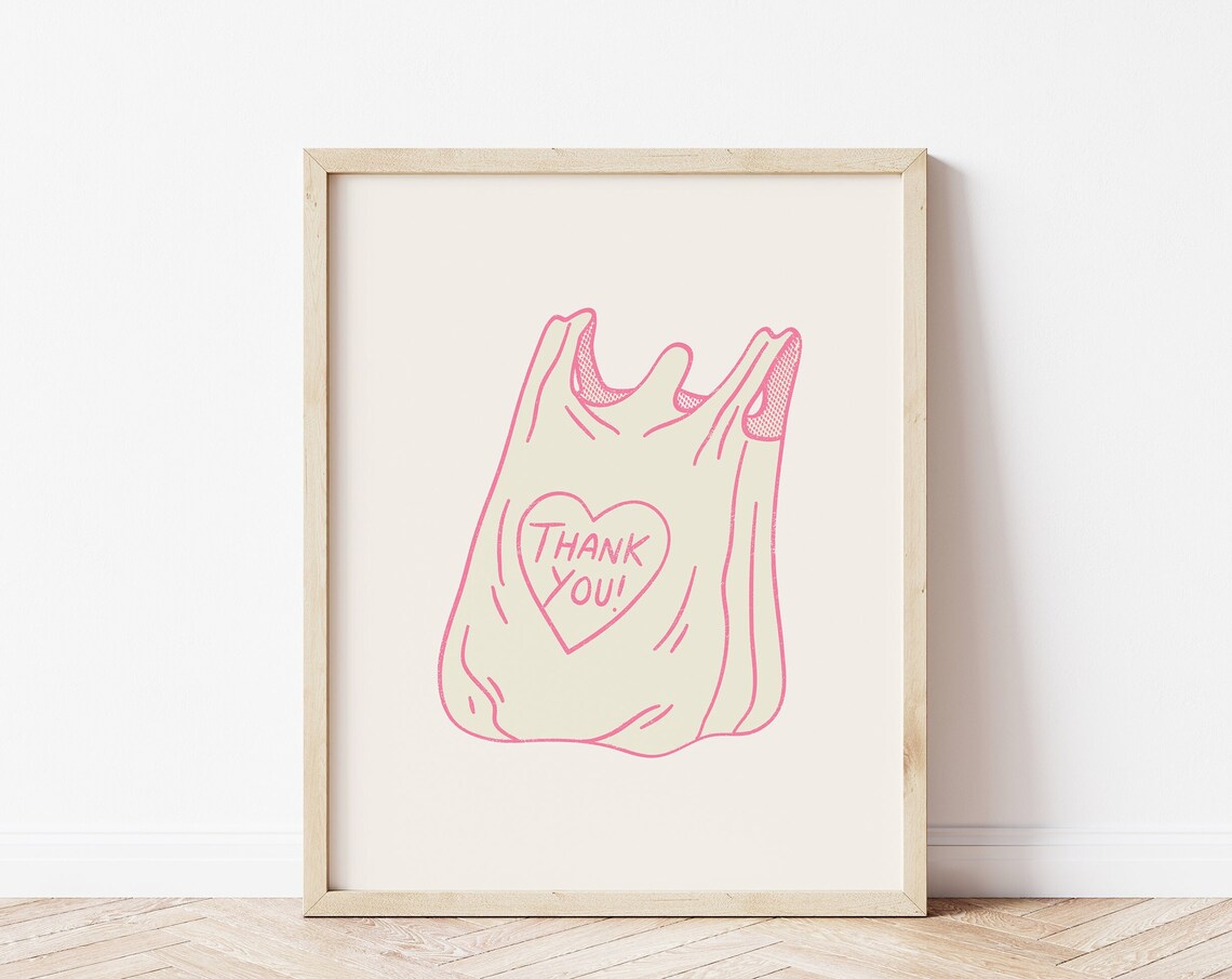 Thank You Grocery Bag Pink Heart Line Art Kitchen Wall Print