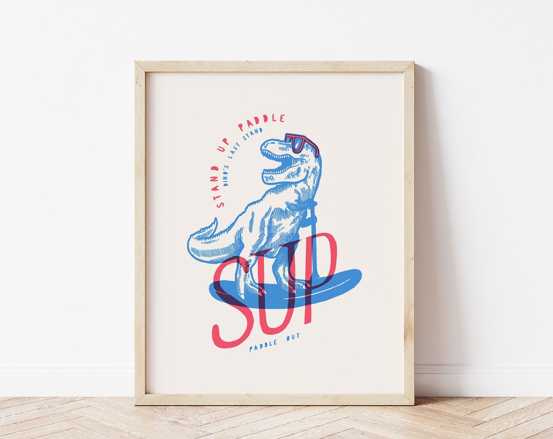 Cool Stand Up Paddle Blue Dino T Rex Beach Surf Humor Poster